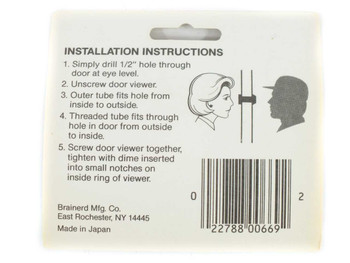 Brainerd 669XC Door Viewer — back of packaging showing installation instructions, UPC barcode, and Made in Japan label