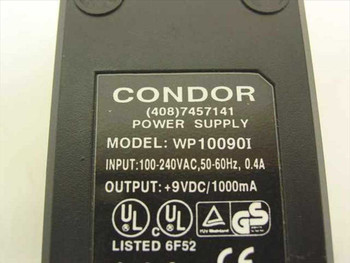Condor WP10090I rating label showing model, 100-240VAC input, 9VDC 1000mA output, UL and CE certifications