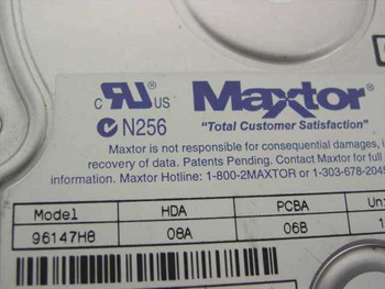 Maxtor 96147H8 label close-up showing Model 96147H8, HDA 08A, PCBA 06B, and Maxtor branding