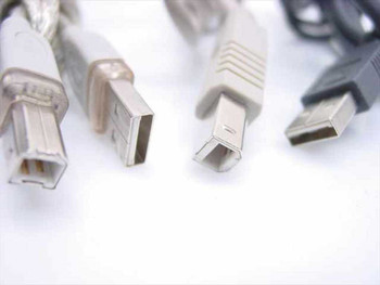 Close-up of USB Type A male and USB Type B male connectors on unbranded USB A to B cables