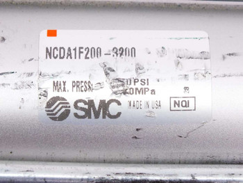 SMC NCDA1F200-3200 label showing model number, 250 PSI max pressure, 1.70 MPa, Made in USA