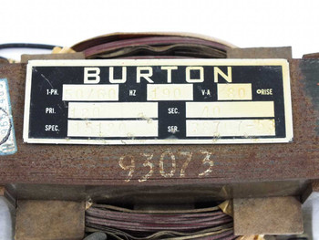 Burton 15180 transformer rating plate closeup — shows 1-PH, 60Hz, 80VA, PRI 120V, SEC 10-40V, serial number 93073