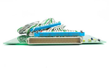 Jeol BP100644-01 Rack Buffer Scanner card — edge-on side view showing large multi-pin edge connector and cable harness
