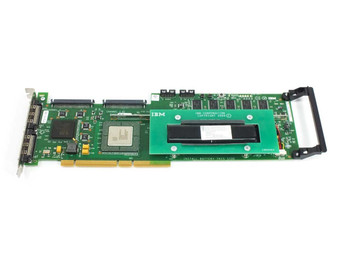 IBM 37L7258 ServeRAID 4M dual-channel Ultra-160 SCSI controller card – top/component side view showing main processor, cache module slot, and PCI edge connector
