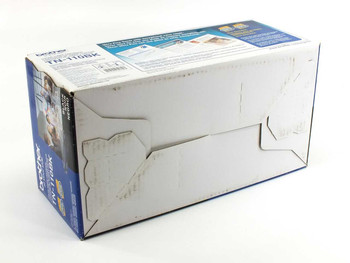 Brother TN-110BK Black Toner Cartridge — rear of retail box showing damage and crushing to outer carton