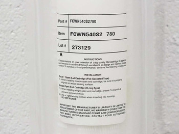 FCWN540S2780 filter cartridge label showing part number, lot number 273129, and installation instructions