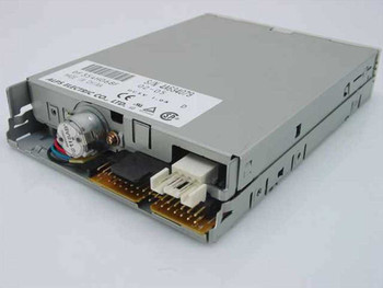 Alps Electric DF354H068F floppy drive – rear/underside view showing PCB, stepper motor with colored wires, 34-pin data connector, and 4-pin Molex power connector