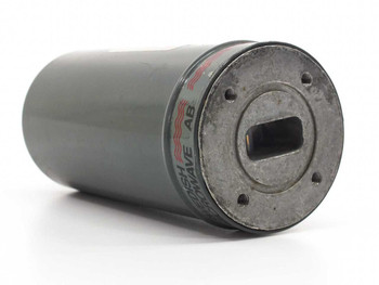 Barcom KM 510 11 GHz 1.0 dB waveguide attenuator – angled view showing cylindrical body with Swedish Microwave AB label and rectangular waveguide port end
