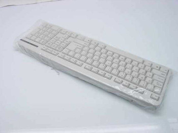 Keysonic ACK-201A Power Easygo white desktop keyboard still sealed in plastic, angled side view