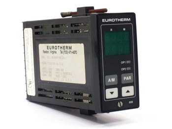 Eurotherm 808 digital temperature controller – left-side and front panel view showing green LED display and control buttons