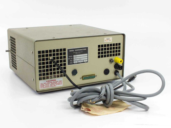 Oriel 7081 Pyroelectric Detector System — rear panel view showing DB25 connector, DIN connectors, BNC output, ventilation grille, and attached cables including gray signal cable