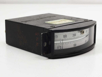 Pasadena Hydraulics 371 thermocouple meter – side view showing curved analog dial face with dual scales: 0–400°F top and 0°C–100°C bottom, with label markings on left side reading AP 27 DC