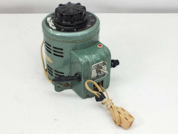 Staco 3PN500B Adjust-A-Volt variable autotransformer front-left view showing green cast housing, rotary dial, and AC line cord