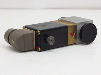 Leybold-Heraeus 85548 B1 purge vent valve with Burkert 331-E solenoid — angled left-side view showing brass body and NW-10 flanges