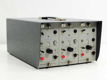 Kistler 5805 3-Channel Galvo Amplifier with 3x Kiag Swiss 5211A modules — front-right angled view showing all three channels and carry handle