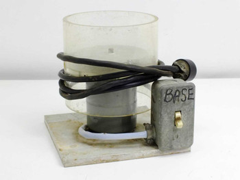 Unbranded CD DVD spin coater spinner chamber front view showing clear bowl, motor, BASE-labeled switch box, and white base plate