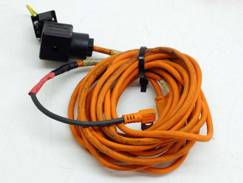 Lumberg ASB2-RKMWV/LEDA3-90/2 orange cable coiled showing black solenoid connector and M12 plug end