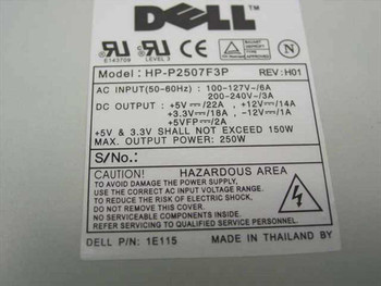 Dell HP-P2507F3P power supply specification label showing AC input, DC output ratings, 250W max power, REV H01, and Dell P/N 1E115
