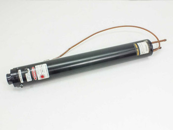 Melles Griot 05-CRF-220-1 30W CO2 laser tube – full left-side view showing black cylindrical body and copper water cooling lines