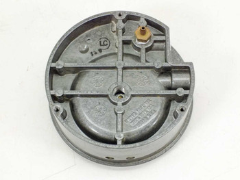 Dwyer 2040C Magnehelic Gauge – rear housing view showing cast metal back, brass pressure port fitting, and mounting details