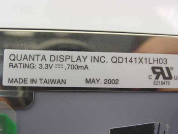 Quanta QD141X1LH03 label showing model number, 3.3V 700mA rating, Made in Taiwan, May 2002