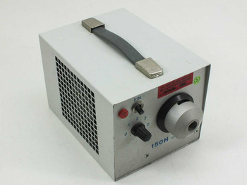 Kramer Scientific 150H Universal fiber optic microscope lamp power supply — three-quarter front-left view showing ventilation grille, carry handle, EIN switch, intensity knob, and 15mm fiber port