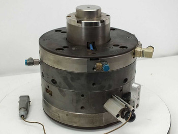 AWM Mold Tech AG Netstal DC injection mold head – opposite three-quarter view showing SMC pneumatic cylinder mounted on side and multiple fluid/coolant fittings
