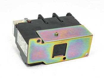 Hitachi TR80B-1E Thermal Overload Relay – rear and side view showing iridescent zinc-plated mounting bracket and DIN rail slot