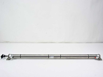 SMC CDM2L32-750A-C73C pneumatic cylinder full length side view showing stainless steel barrel and foot mounts