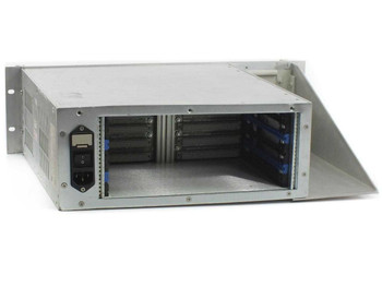 Brooks Automation Techware 5 chassis interior rear view showing empty VME card slots, backplane connectors, and integrated power supply inlet