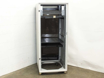 Wright Line 35U rack cabinet with front door open showing interior shelves and pull-out drawer, front view