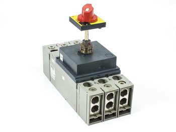 Schneider Electric STR23SP 3-pole circuit breaker trip unit with red rotary ON/OFF handle – front-left angle view