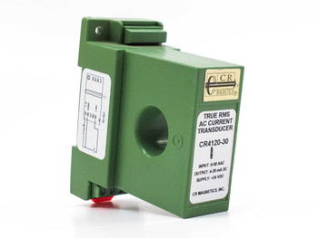 CR Magnetics CR4120-30 True RMS AC Current Transducer — angled front-right view showing label with model number, input 0-30 AAC, output 4-20 mA DC, supply +24 VDC, and DIN rail clip