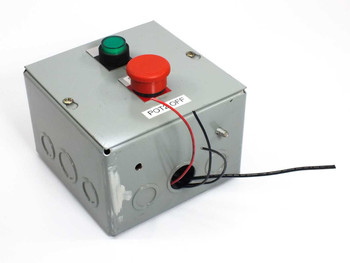 Wiegmann SC060604WW gray steel junction box — top view showing red mushroom E-stop button, green pilot indicator, label reading POWR OFF, and wiring leads exiting enclosure