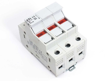 ETI VLC10 3-pole fuse holder disconnector front view showing three red LED indicators and white DIN rail body