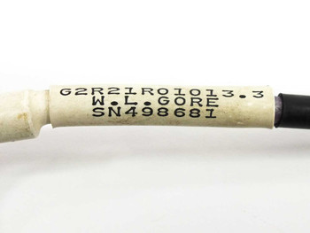 W.L. Gore G2R21R01013.3 cable label close-up showing part number G2R21R01013.3, manufacturer W.L. Gore, and serial number SN498681
