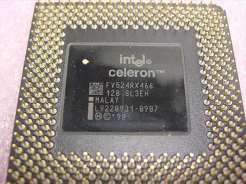 Intel Celeron SL3EH FV524RX466 CPU — top label showing model number, SL3EH stepping, 128KB cache, Malaysia manufacture date 1998