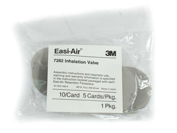 3M 7282 Easi-Air Inhalation Valve bag of 50 — front of sealed clear bag showing label with model number and 10/Card 5 Cards/Pkg markings