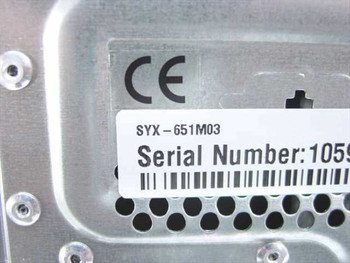 Systemax SYX-651M03 model number label with CE certification mark on rear panel of tower
