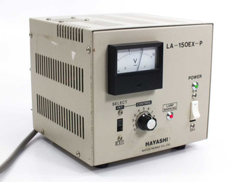 Hayashi LA-150EX-P microscope lamp power supply – front panel view showing analog voltmeter, SELECT INT/EXT switch, 10-position CONTROL knob, LAMP WARNING indicator, and POWER toggle switch
