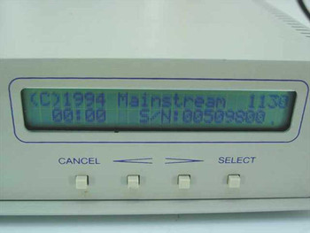 Mainstream Data Satellite IDR II front panel LCD display showing copyright 1994 Mainstream and serial number