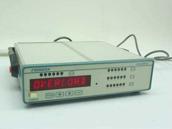 Omega DP85-T Digital Indicator front panel showing OVERLOAD on 4-digit LED display with DPM Series label and POWER button