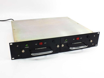 IF Engineering PS-24-6-2A 24VDC L-Band 6-Port DC Distribution Amplifier — front panel angled view showing dual power modules with ON/OFF switches and power LEDs