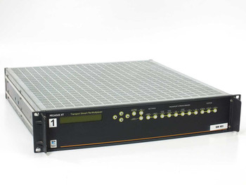 Scientific Atlanta Pegasus XT interior showing three parallel processing/input cards populated with Altera FLEX FPGAs and coaxial signal connections at base