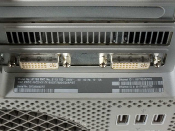 Apple Mac Pro A1186 rear panel label showing Model A1186 EMC 2113, serial number, MAC address, power spec 100-240V 50-60Hz, and two DVI ports from ATI X1900XT