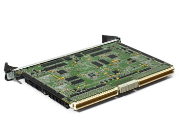 Curtiss-Wright SVME-414 VME board angled rear-left view showing VME P1/P2 backplane edge connectors and green PCB with populated ICs