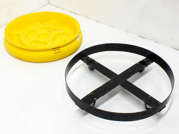 Eagle Manufacturing 1614 yellow poly drum tray and 1618 black castor dolly frame shown separated — components view