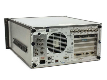 Tektronix VM700T rear panel showing BNC signal inputs, large cooling fan, VGA output, GPIB connector, DB-9 ports, and IEC AC power inlet at 115V 60Hz