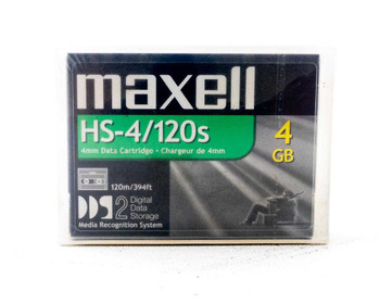 Maxell HS-4/120s 4mm data cartridge front view showing model name, 4GB label, and DDS-2 Digital Data Storage branding