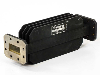 Varian F137CA6 WR-137 C-Band waveguide load with fins – angled view showing Varian label and finned body